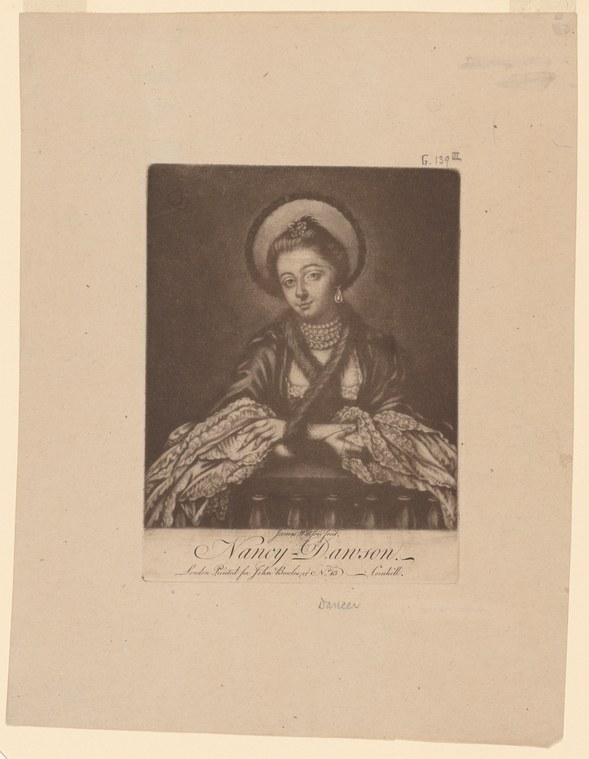 Engraved portrait of Nancy Dawson, an 18th-century English dancer, in formal dress with pearls and lace cuffs.