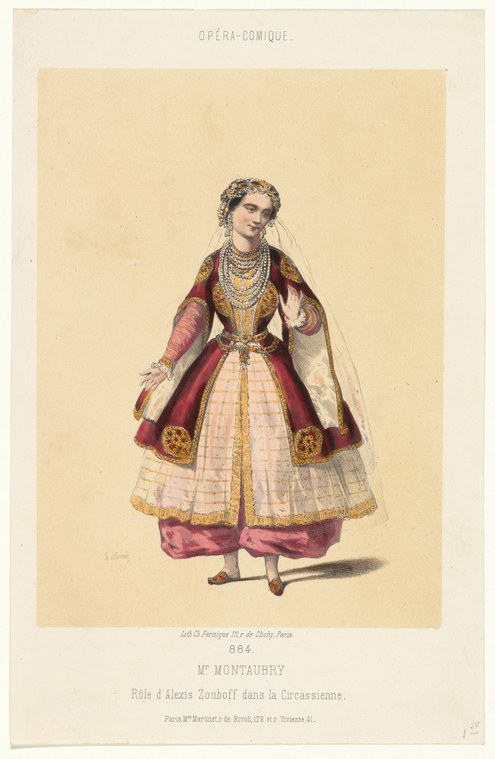 A woman in an elaborate Russian folk costume stands facing forward, wearing a burgundy overgarment and pale skirt with beaded necklaces.