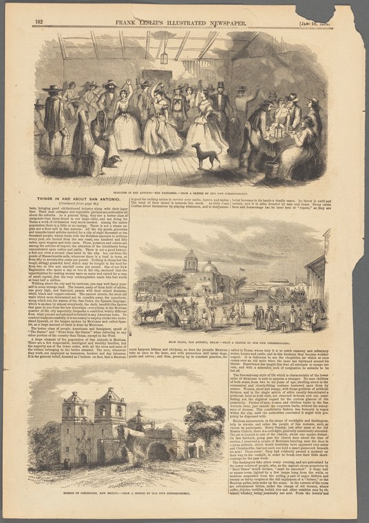 Interior scene of couples dancing the fandango in a crowded room with musicians; two exterior architectural views below.