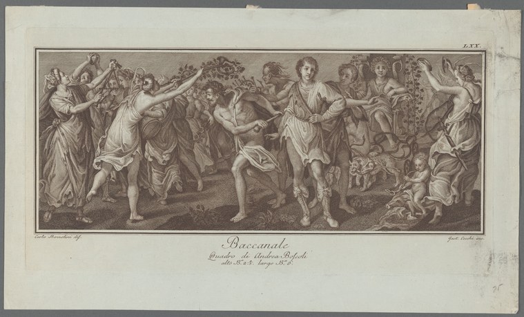 Engraved scene of figures in classical dress leaping and gesturing ecstatically amid grapes and children, a bacchanal celebrating Bacchus.