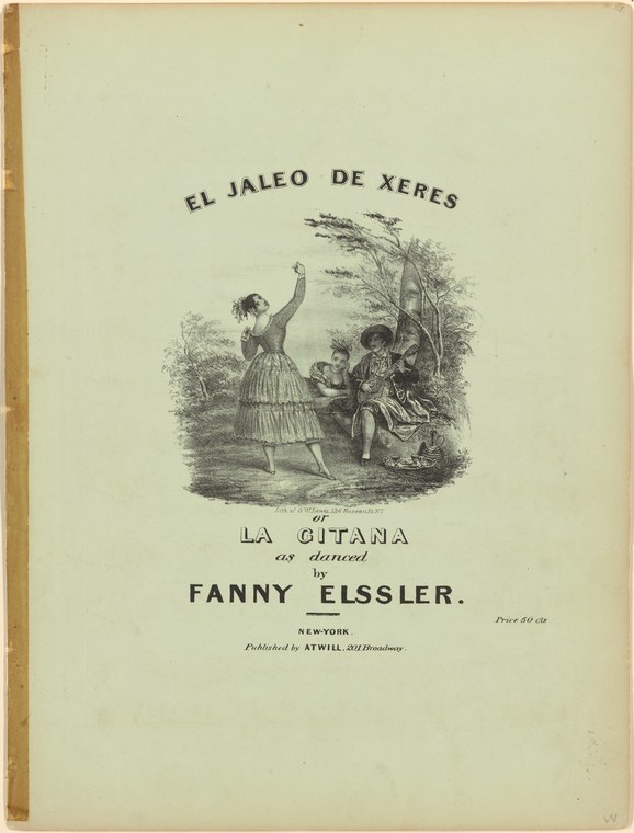 Engraving of a woman in a white dress with one arm raised, performing a dramatic pose, watched by a seated man in a wooded setting.