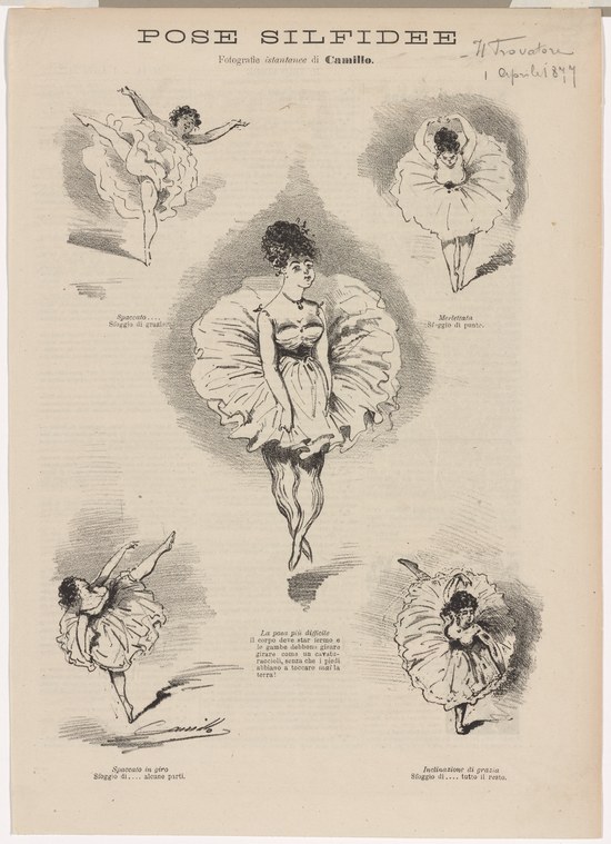 Five female ballet dancers in tutus and pointe shoes arranged around a central figure in an extended arabesque, rendered in black ink.