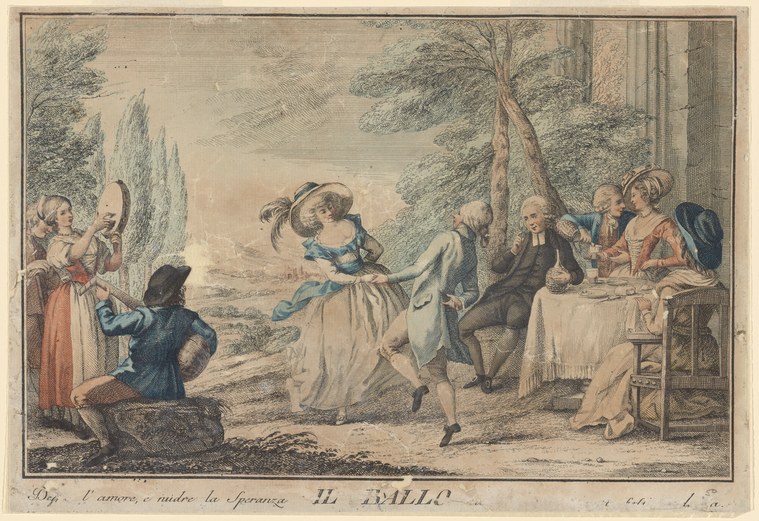 Eighteenth-century engraving: a woman in white and blue dances alone in a garden while aristocratic onlookers watch from tables and chairs.
