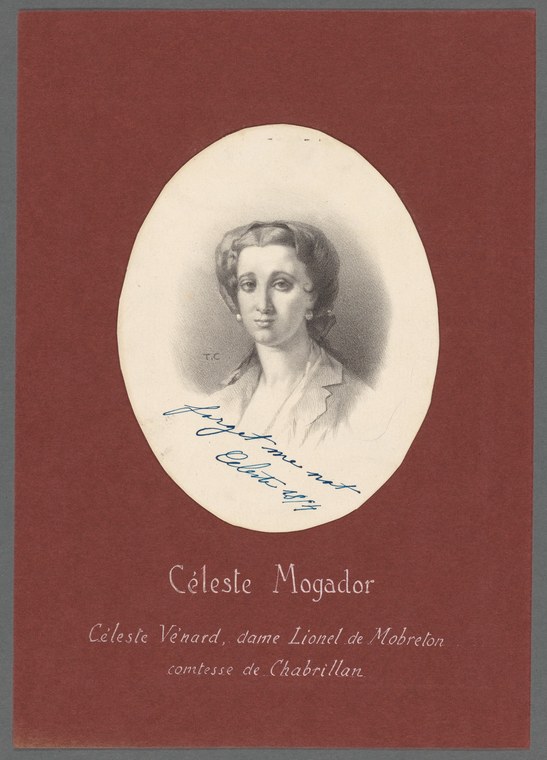 Portrait in oval frame of a woman in pale dress with dark hair, identified below as Céleste Mogador, Countess of Chabrillan.