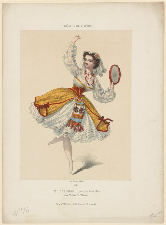 Hand-colored lithograph of a woman in 19th-century opera costume holding a mirror, posing in refined ballet stance.