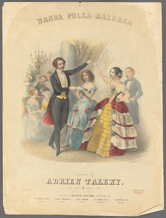 Hand-colored lithograph of a young couple in formal evening dress about to dance, surrounded by spectators in a ballroom, with an orchestra at left.