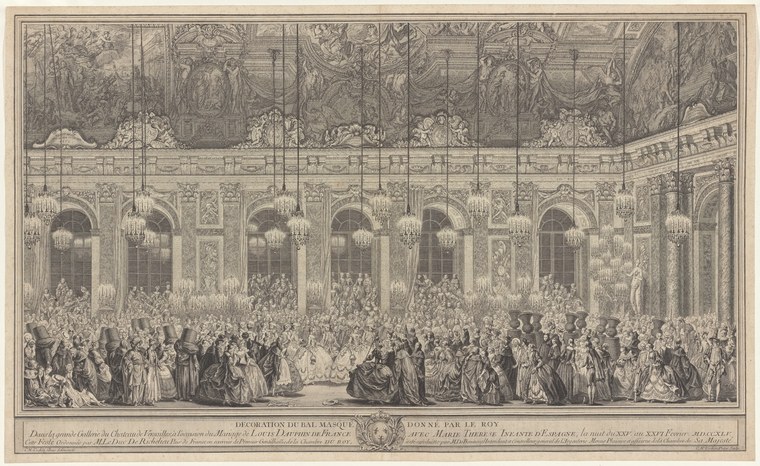 Engraving of hundreds of masked dancers in formal dress moving through the vast Gallery of Mirrors at Versailles, 1745.