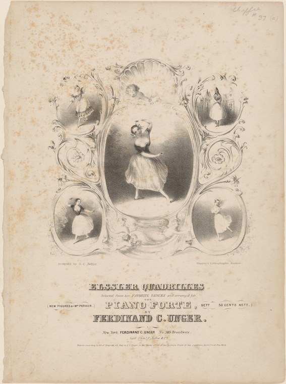 Sheet music cover with five dancers in white tutus: a central figure in arabesque surrounded by four couples in ballroom dress performing quadrille figures.