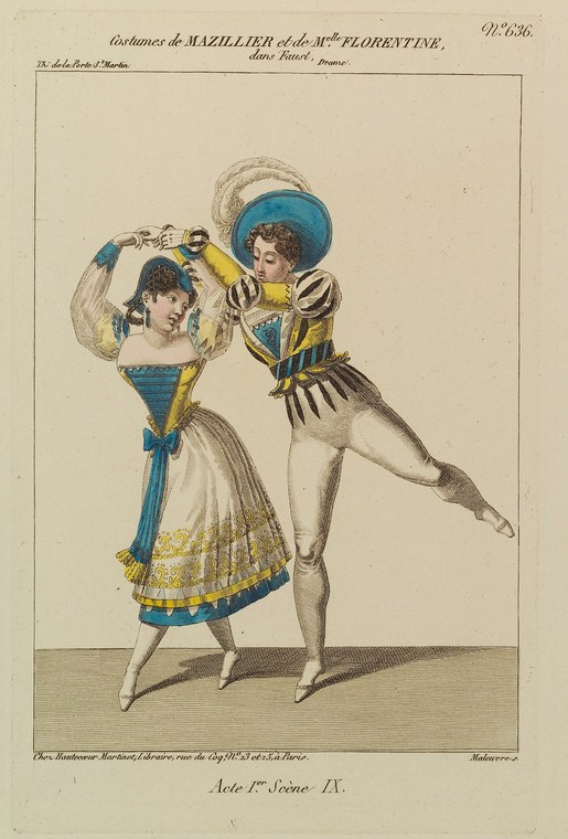 Male dancer in extreme back-bend supported by female dancer in theatrical costume with plumed headdresses, hand-colored engraving.