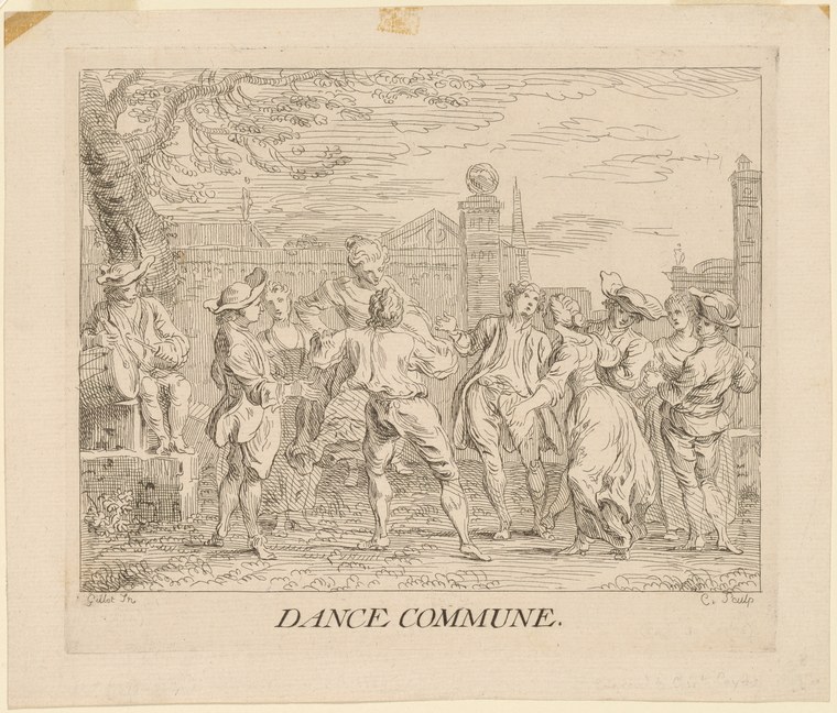 Line engraving of roughly a dozen figures in loose dress gathered in an animated outdoor celebration, titled Dance Commune.