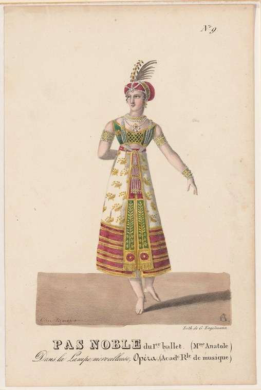 Woman in classical ballet costume with feathered headdress stands barefoot in formal pose, hand-colored engraving.