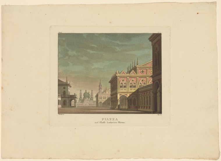 Hand-colored engraving of a piazza in Milan with Renaissance palace and distant cityscape; small figures in period dress move across the foreground in a formal