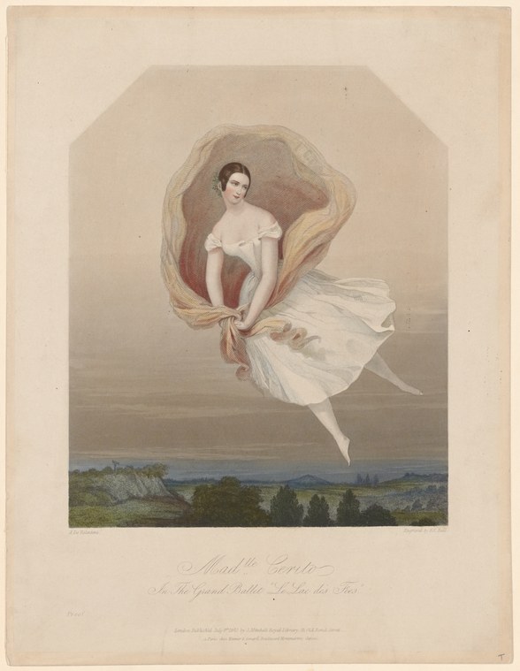 A woman in a white tutu floats upward through golden clouds above a distant landscape in a hand-colored theatrical print.