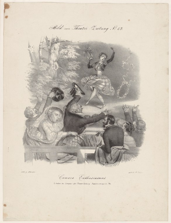 A theatrical engraving showing a weightless female dancer leaping above an opera box where three spectators gaze upward in rapture.