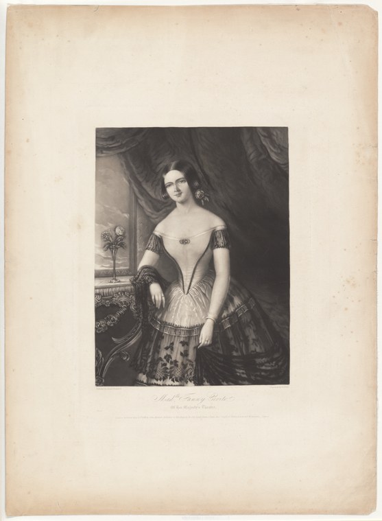Engraved portrait of a young woman in mid-nineteenth-century ballet costume: pale bodice, short puffed sleeves, full embroidered tutu, dark hair, posed against