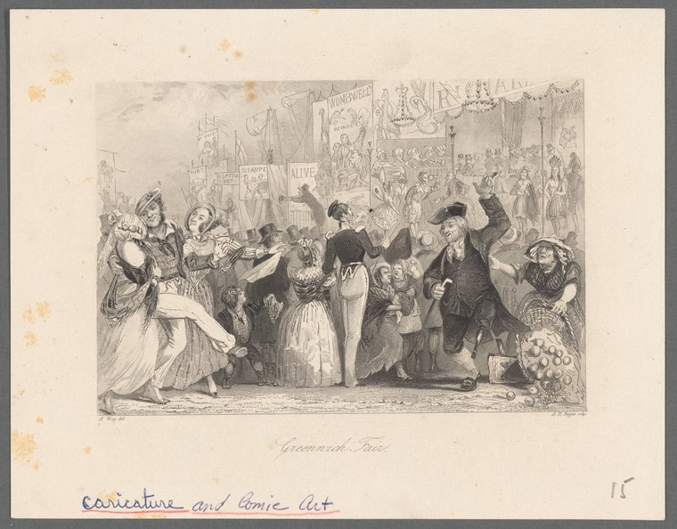 Hand-colored engraving of a crowded fairground scene with dozens of fashionably dressed people dancing and socializing in the foreground, with fairground tents