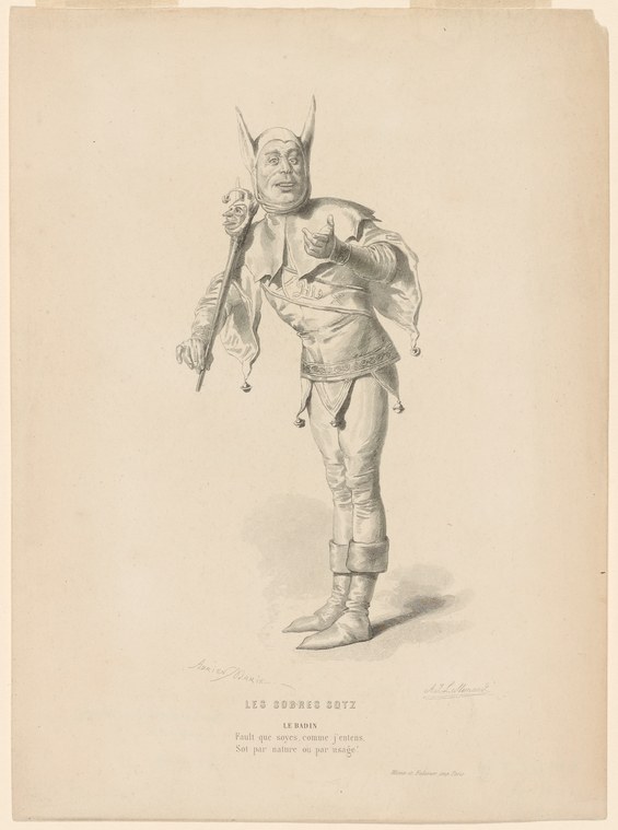 Engraving of a horned theatrical character in tight costume holding a staff, with animated expression and twisted pose.