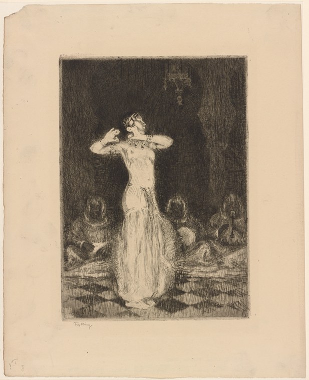 A pale-dressed figure stands alone with arms raised to frame the face, surrounded by shadowed audience members in a theatrical scene rendered as an engraving.