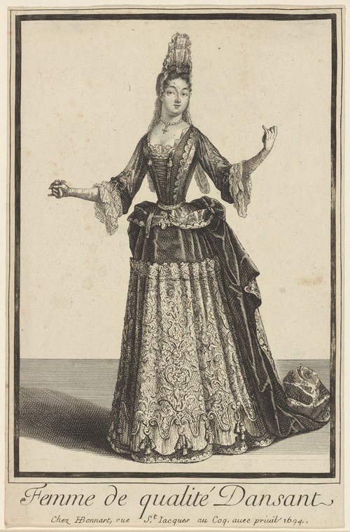Engraved portrait of a noblewoman in elaborate court dress with arms raised in a formal dance pose, 1694.