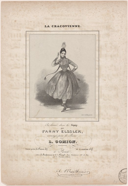 Engraving of a woman in a short tulle skirt and feathered headdress, arms raised and lifted, dancing.