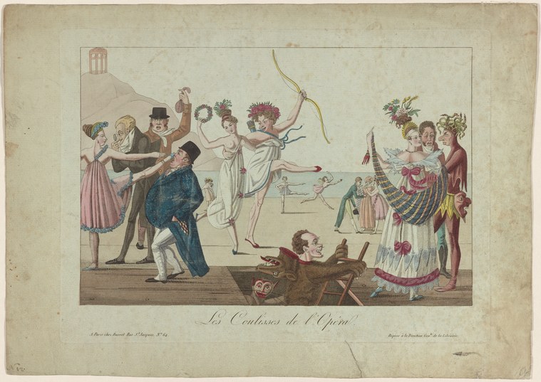 Backstage opera house engraving showing a classical male figure in pose with theatrical staff in contemporary dress managing spectacle and machinery.