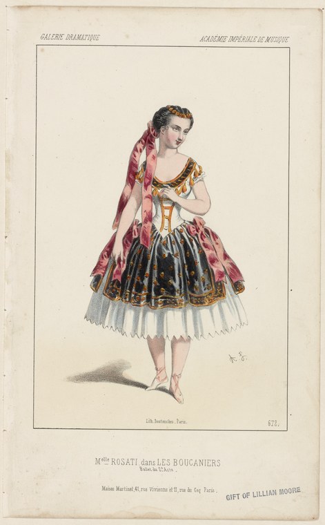 A female ballet dancer in a mid-19th-century Romantic costume stands looking downward, wearing a short white tulle skirt and pink shawl.