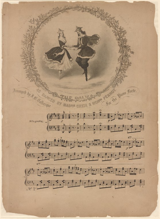 Two dancers in 1840s dress performing a polka: woman in pale dress with lifted skirt mid-turn, man in dark coat attending her, both on their toes.