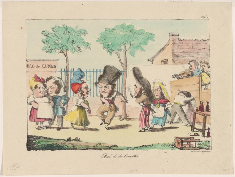 Hand-colored engraving of exuberant street dancers outside a brick building, figures in bright clothing performing high kicks and acrobatic gestures.