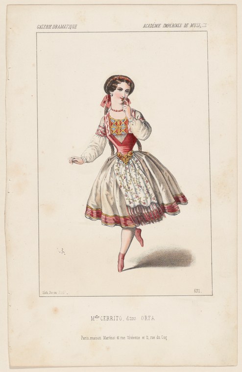 A woman in mid-nineteenth-century ballet costume stands with one leg raised, arms open, in a Romantic-era dance pose.