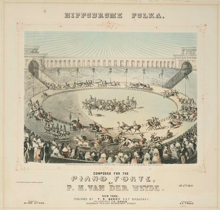 Bird's-eye view of a polka performance in a grand hippodrome arena surrounded by spectators in formal Victorian dress.