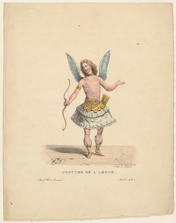 Winged Cupid figure in classical dance pose, hand-colored engraving, wearing draped kilt and gold belt, holding bow and arrow.