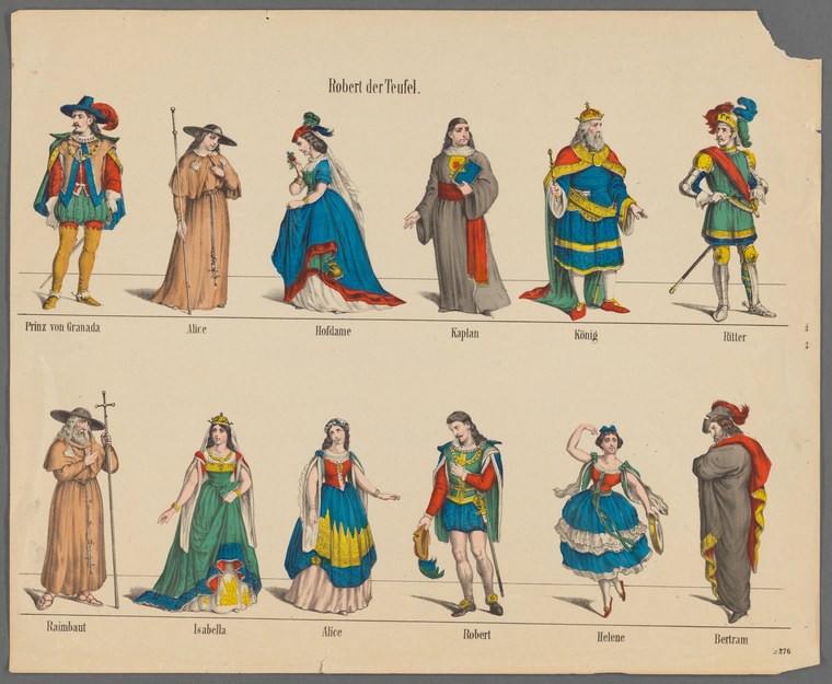 Hand-colored engraving showing twelve costumed theatrical characters from Robert der Teufel arranged in two rows, each labeled in German.