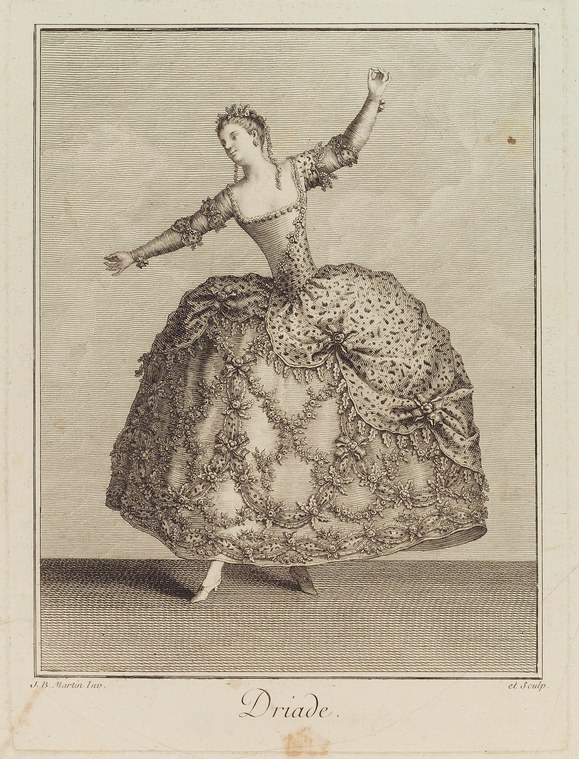 An 18th-century engraving of a female dancer in a patterned silk dress, posed in mid-leap with arms open.