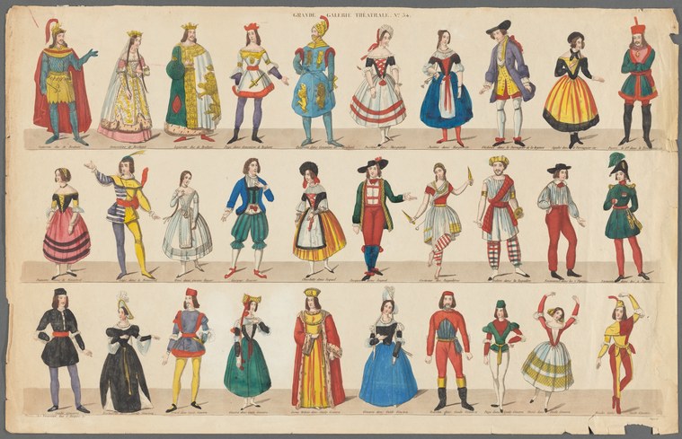 Thirty theatrical characters in elaborate period dress arranged in three rows, presented as a costume reference gallery.
