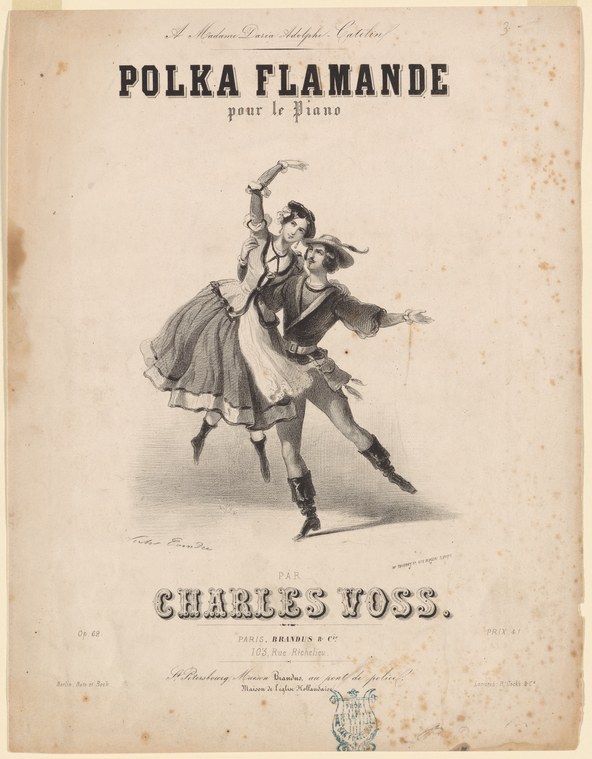 Two dancers in mid-leap: a woman in a full-skirted dress and a man in dark formal wear, reaching upward toward each other as they jump.