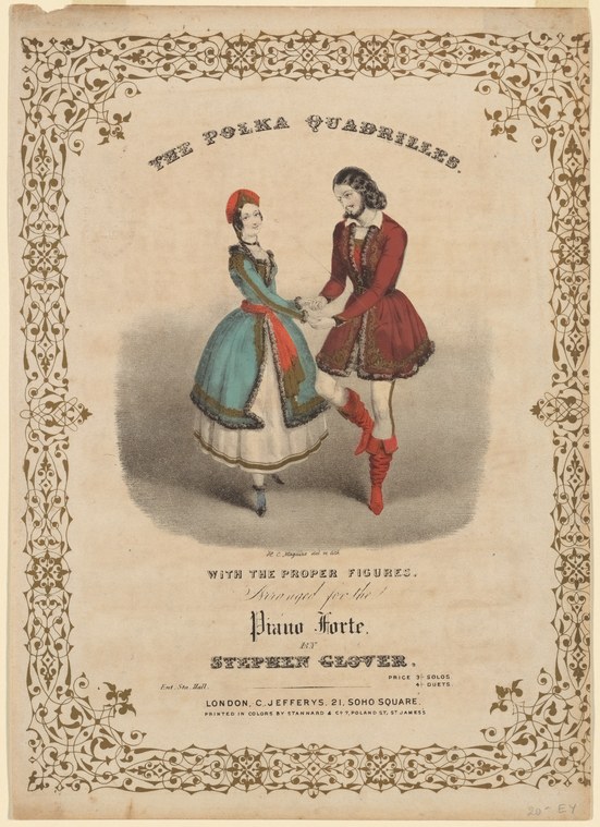 Two women in bright period dresses dance together, arms linked, with lifted skirts suggesting quick footwork.