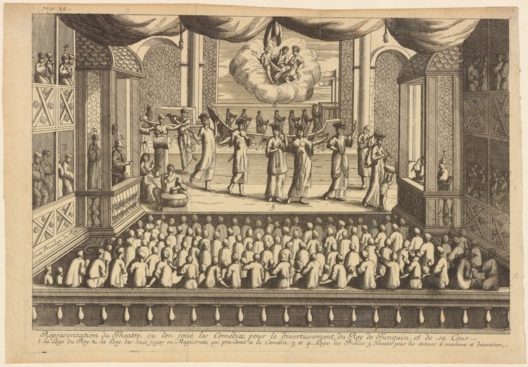 Engraving of an ornate theatrical hall with performers on stage and a dense crowd of audience members seated below, watching the spectacle.