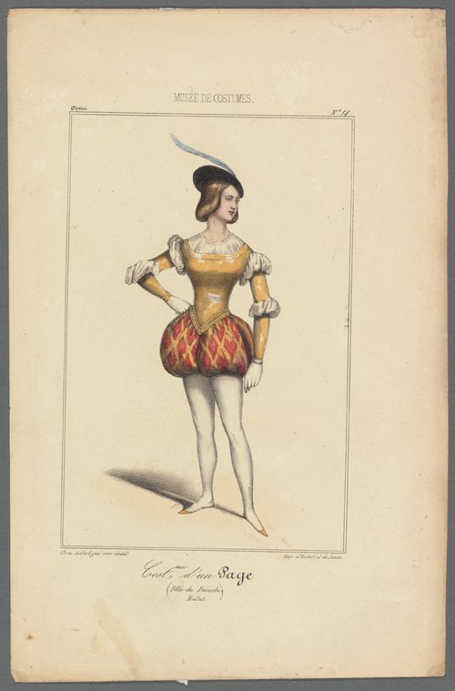 Hand-colored engraving of a dancer in golden bodice and red flame-patterned skirt, wearing a feathered hat, in a relaxed standing pose.