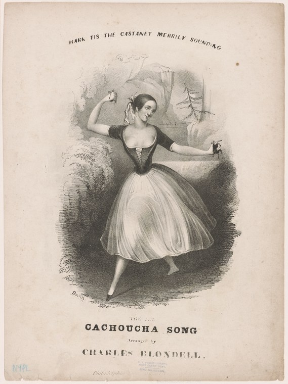 Woman in black bodice and pale tulle skirt dances with raised arms, mid-motion, in a lithographed sheet-music cover.