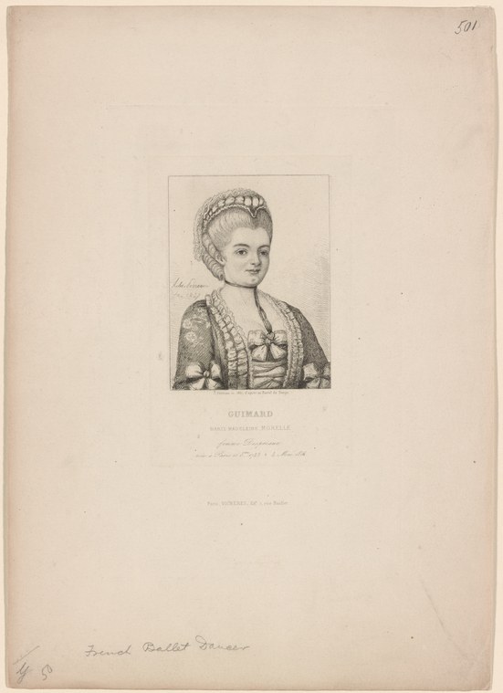 Portrait engraving of a young woman in 18th-century dress with an elaborate upswept coiffure, facing slightly left with a composed, gentle expression.