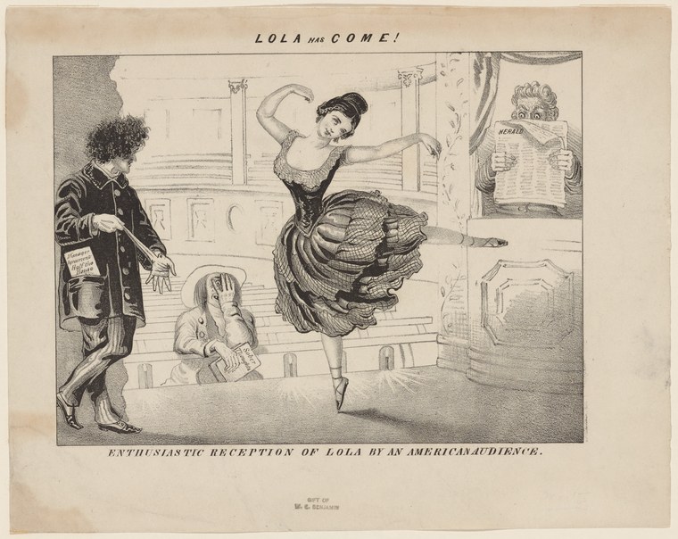 Engraving of a woman in an elaborate dark dress posed with raised arms in an elegant ballroom, surrounded by admiring spectators.