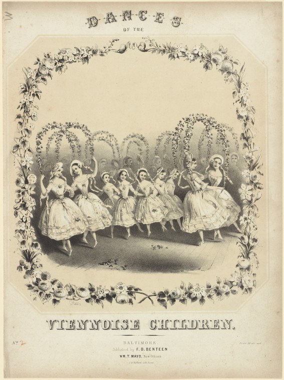 Eight young female ballet dancers in pale tutus arranged in a curved line within an ornamental floral frame.