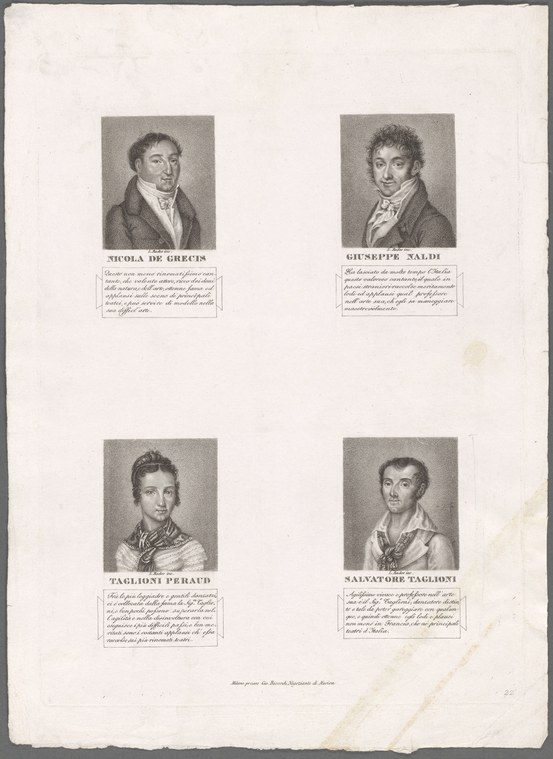 Four engraved male portraits in formal 19th-century dress, labeled as dancers: Nicola de Grecis, Giuseppe Naldi, Taglioni Peraud, Salvatore Taglioni.