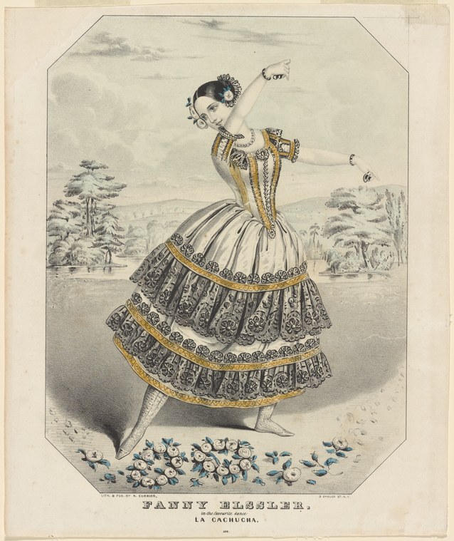 A female ballet dancer in a tiered white skirt with gold trim stands with raised arms in an animated pose, surrounded by a landscape.