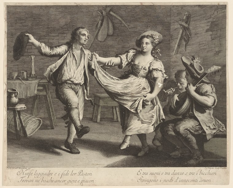 Engraving of a man in draped clothing reaching toward a woman in a shift as she turns; two putti with musical instruments frame the scene in a pastoral