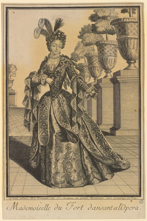 Hand-colored engraving of a woman in ornate baroque dress and feathered headdress standing before classical columns in a formal theatrical pose.