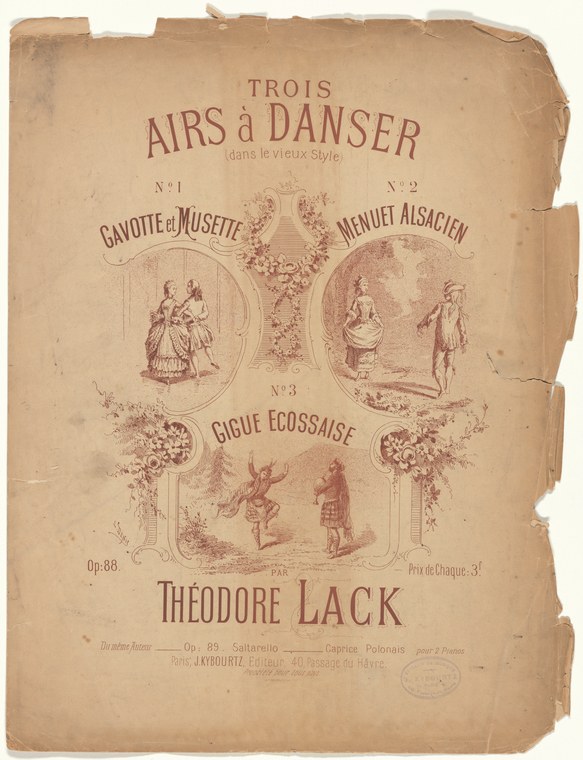 Sheet music cover for three historical dances by Theodore Lack, with three sepia vignettes showing couples in period dress and ornamental botanical borders.