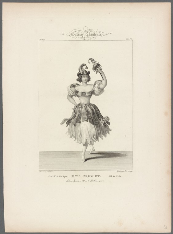 Engraving of a female dancer in Romantic-era costume holding a bird aloft, labeled as Mademoiselle Noblet in the role of Folie.