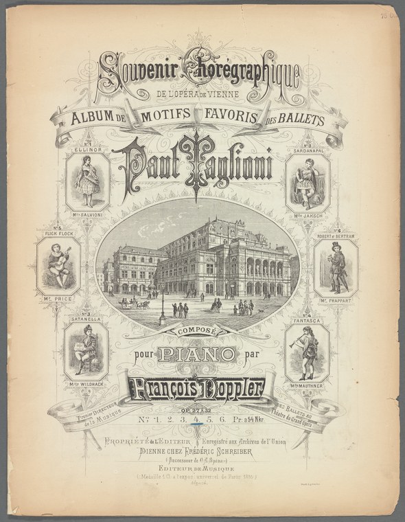 Ornate engraved title page for piano arrangements of Taglioni ballets, centered on Vienna Opera House with eight character portraits in oval frames around it.
