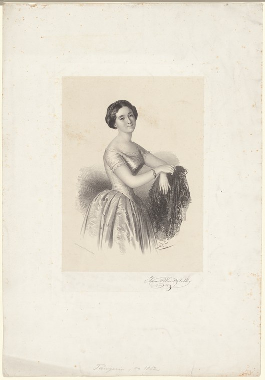 Engraved portrait of a woman in neoclassical dress seated with raised arm, holding a large draped shawl.